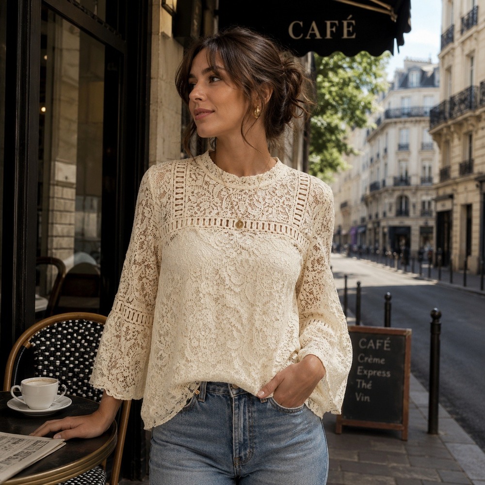 Cream Sheer Lace Bell Sleeve Top Sz M Boho Chic Romantic Cottage‎ French Girl